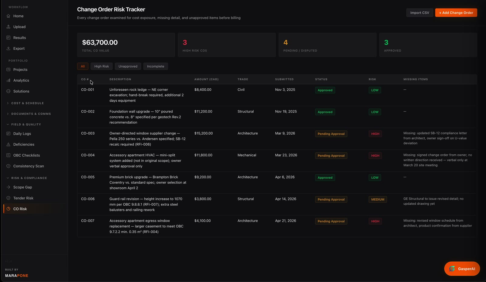 Change Order Risk Tracker