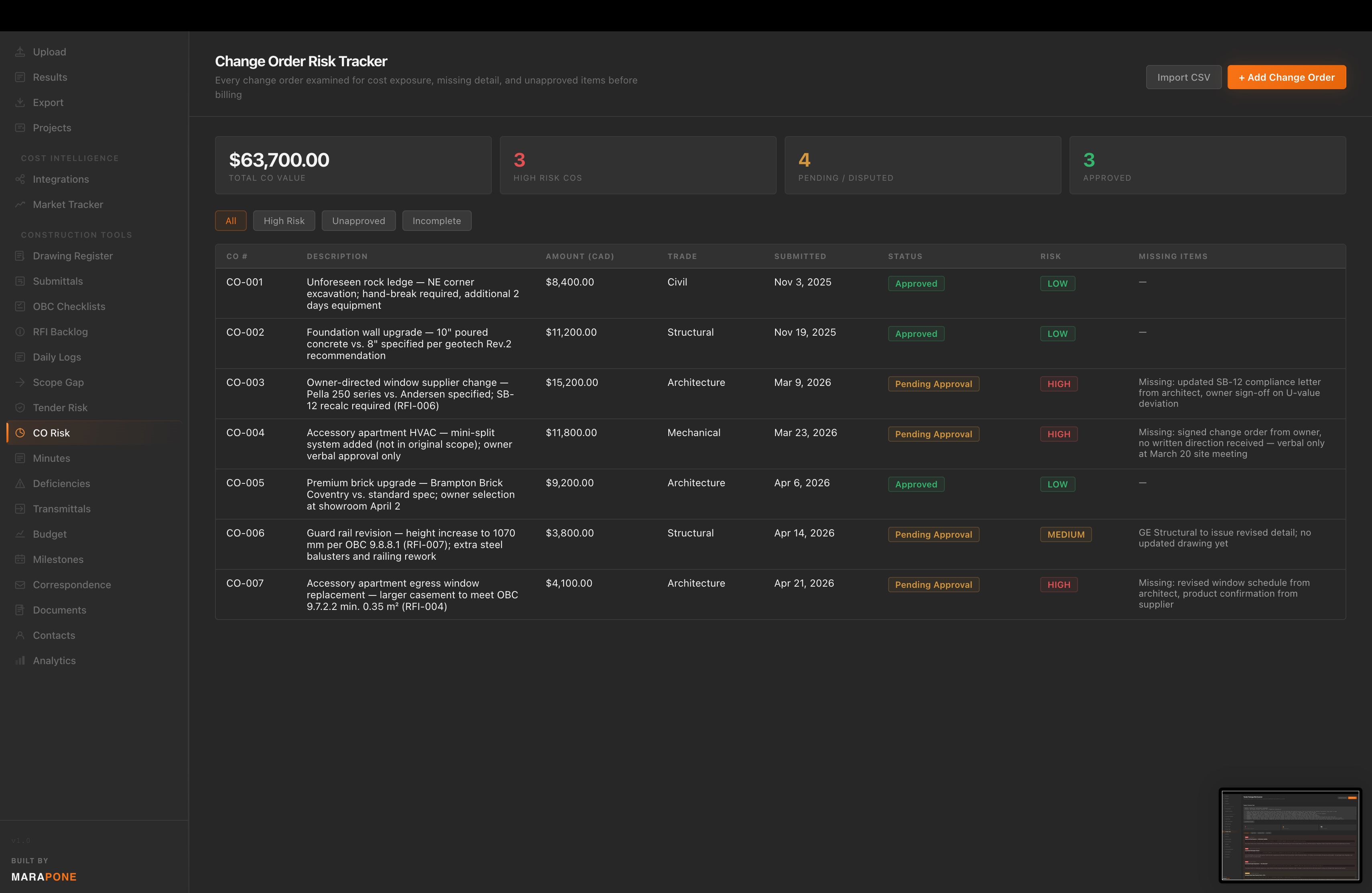 Change Order Risk Tracker