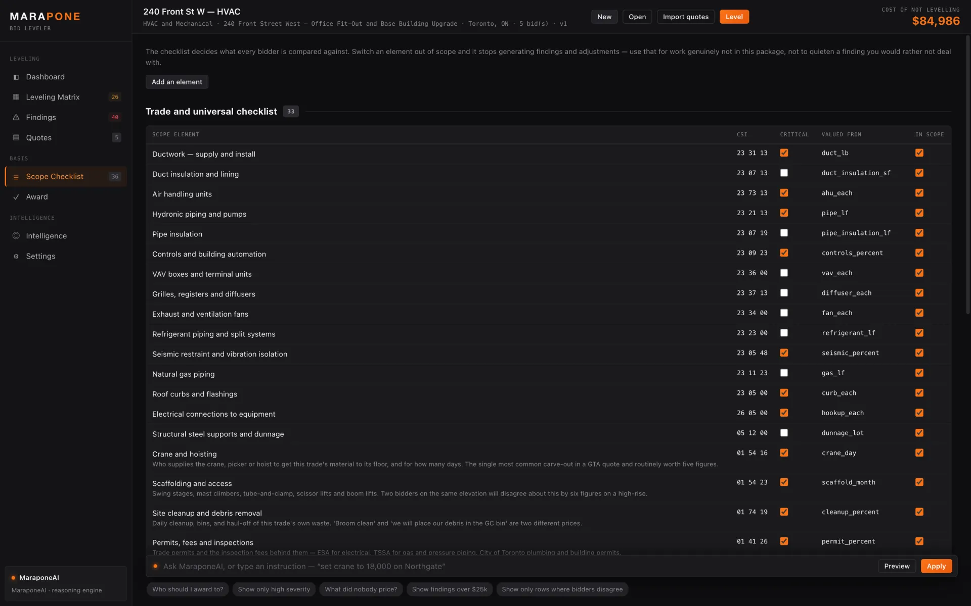 The scope checklist every bidder is measured against