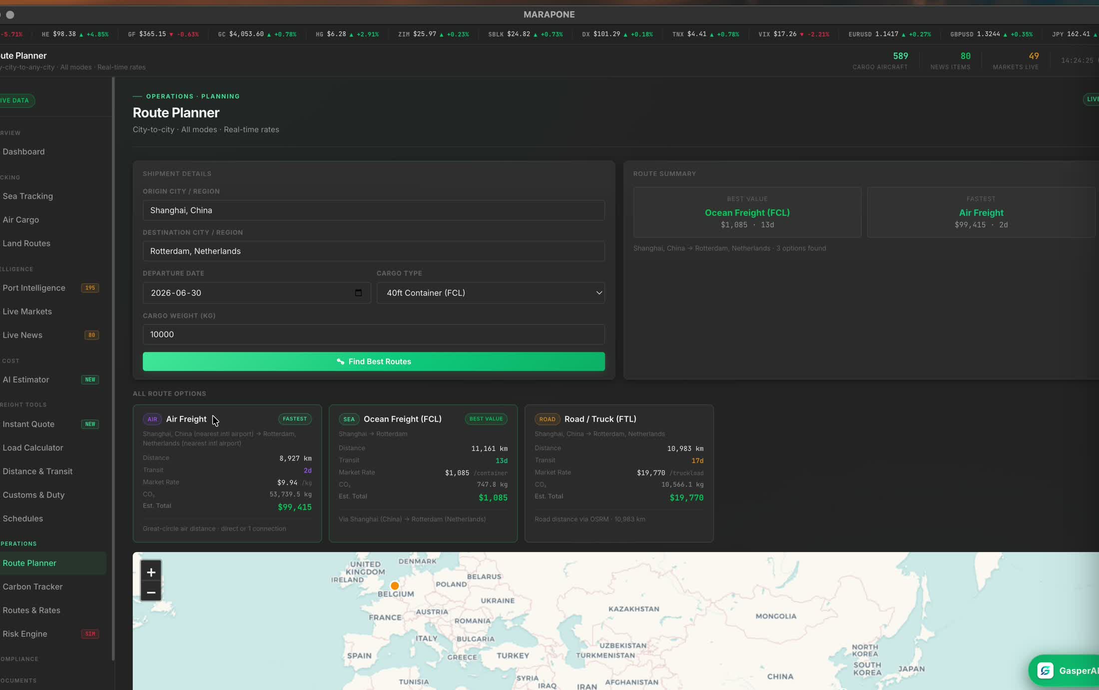 Marapone Route Planner — multimodal air, ocean and road routing with a live map
