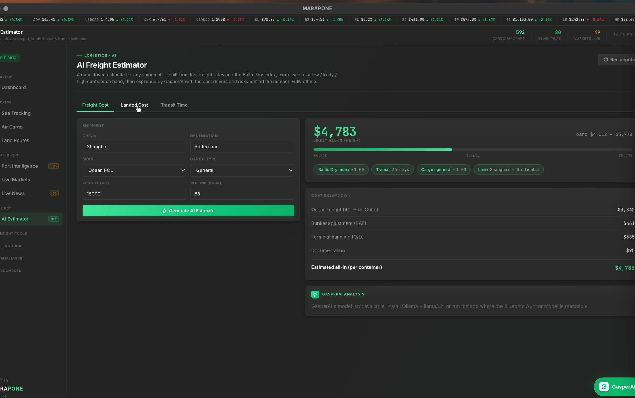 Marapone AI Freight Estimator — landed cost estimate with freight, duty and transit detail