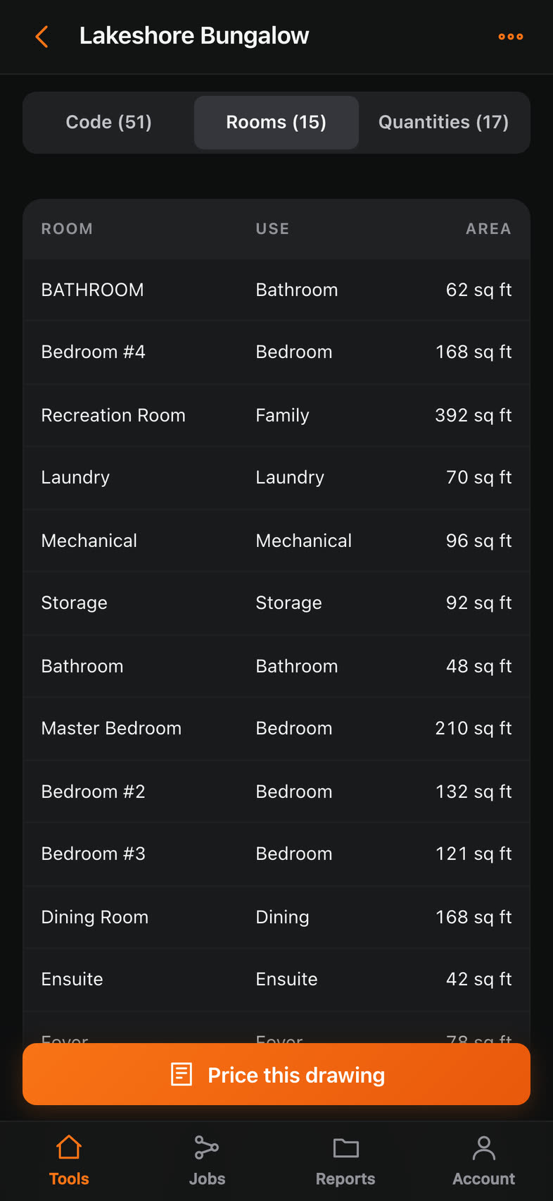 Fifteen rooms read off the drawing with their use and area in square feet.