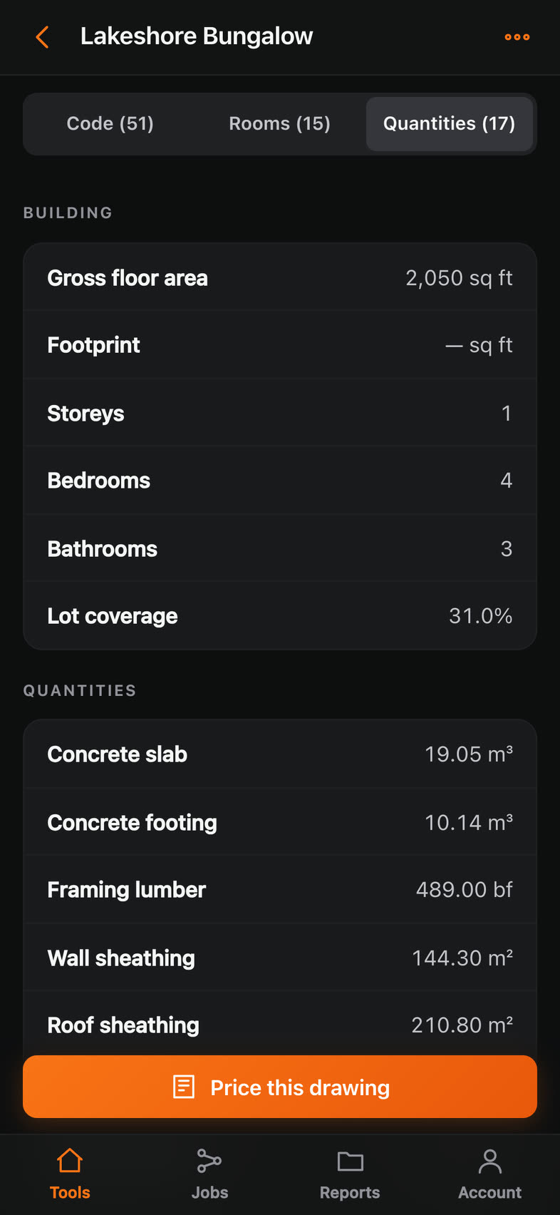 Quantities taken off the drawing — concrete slab, footing, framing lumber, wall and roof sheathing.