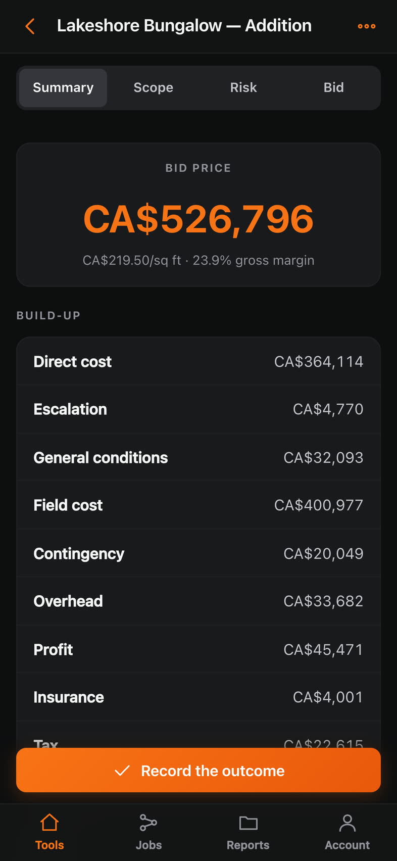 A bid of CA$526,796 on a 2,400 square foot addition, with the full build-up from direct cost to tax.