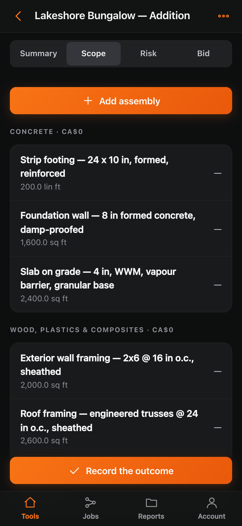 The scope tab, listing assemblies by CSI division with their quantities.