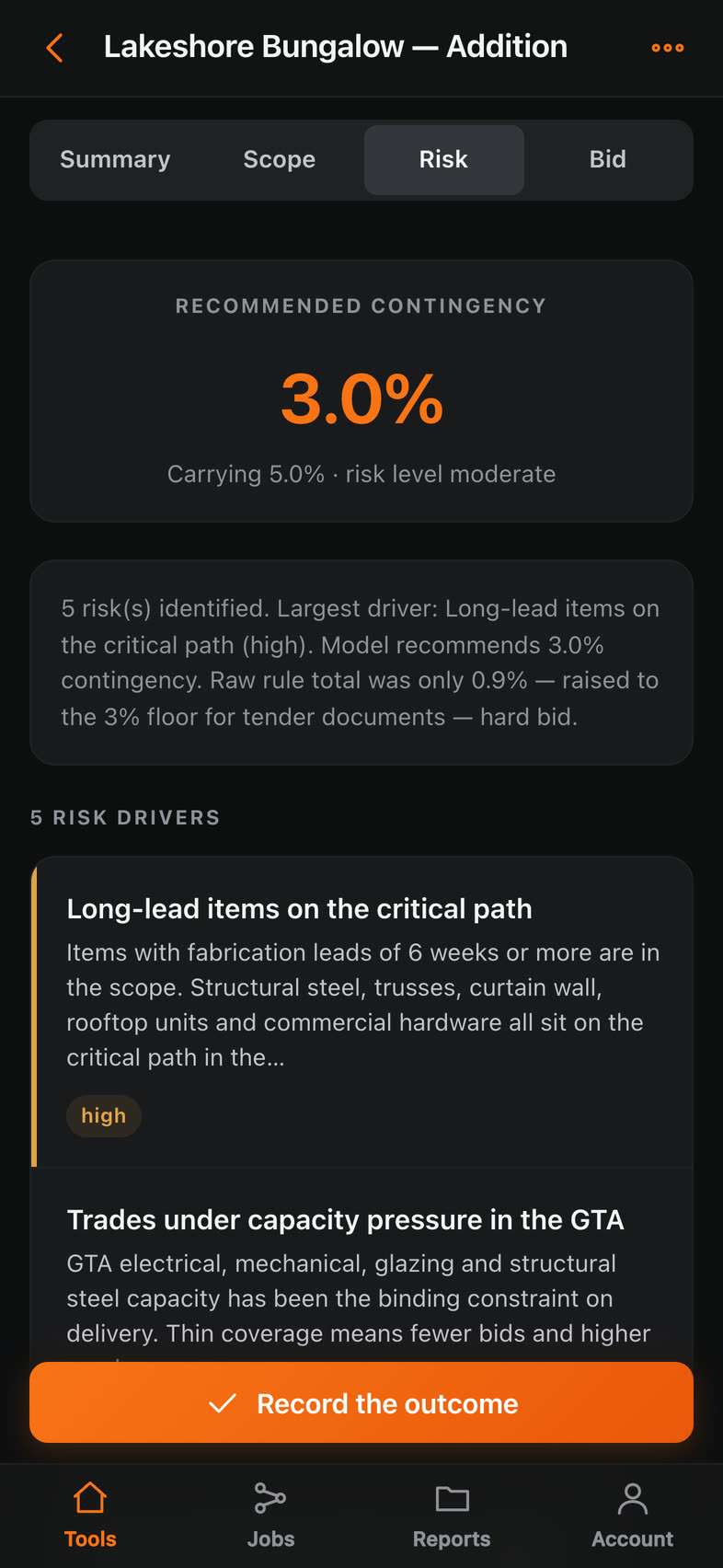 A recommended contingency of 3.0% with the five risk drivers that produced it.