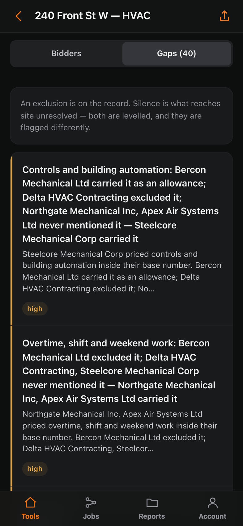 Forty scope gaps between the bids — controls and building automation, overtime and weekend work, the fire pump and jockey pump.