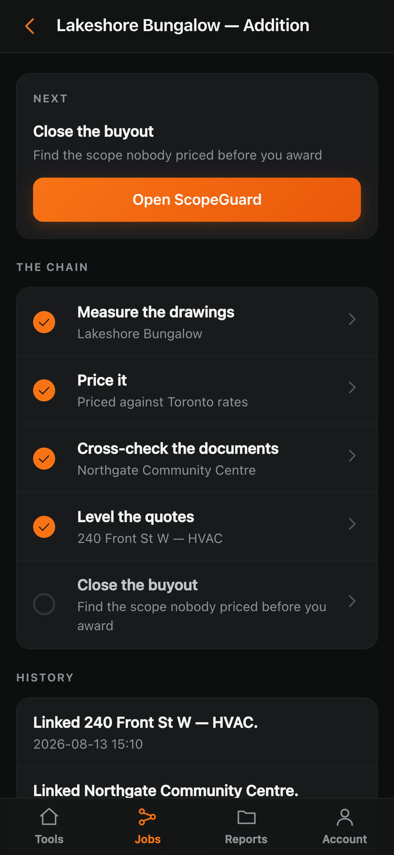 A job on the phone showing the chain: the drawings measured, the job priced, the documents cross-checked, the quotes levelled, and the buyout still open with a button to start it.