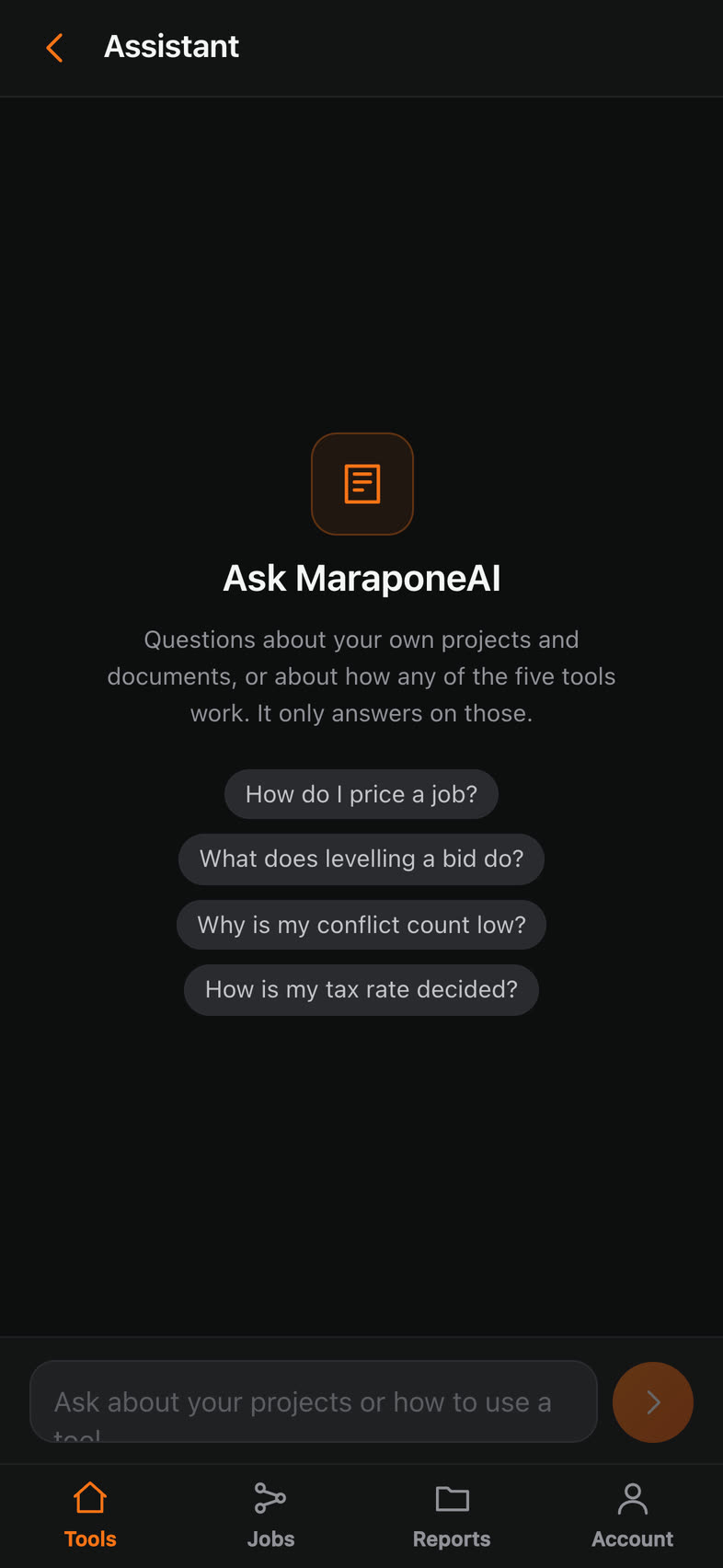 The in-app assistant, offering questions like how to price a job, what levelling a bid does, and why a conflict confidence is low.