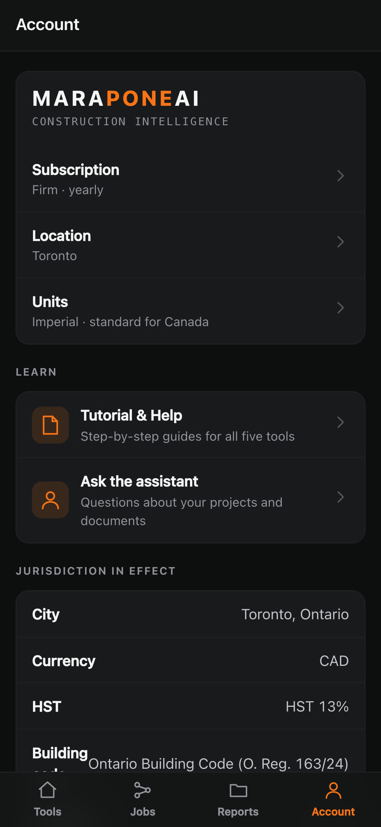 The MaraponeAI account screen, showing the subscription tier, the city the rates are coming from, and the jurisdiction in effect — HST 13%, Ontario Building Code, 10% holdback.