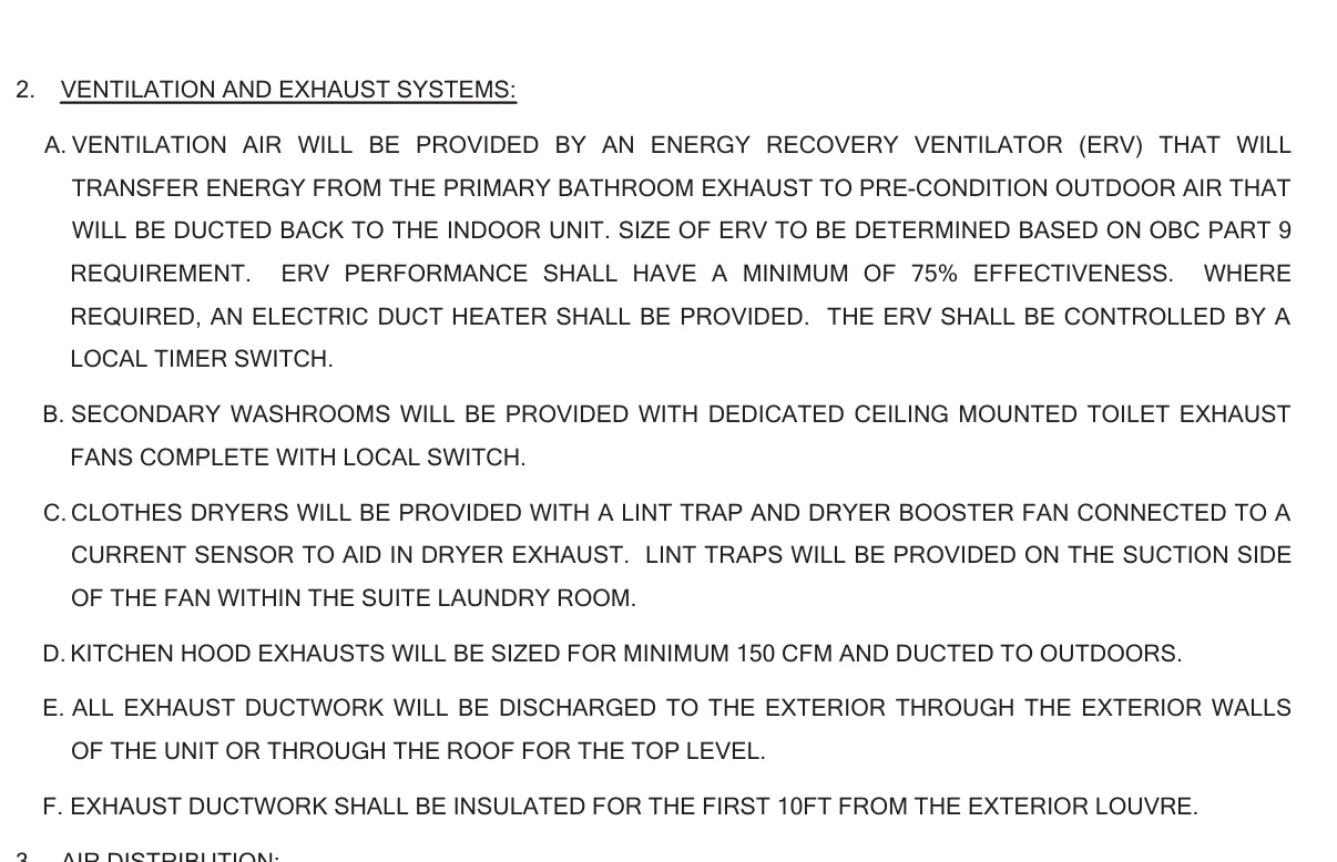 Sheet M001A, mechanical outline specifications, section 2 'Ventilation and exhaust systems': ventilation air will be provided by an energy recovery ventilator (ERV) with a minimum of 75% effectiveness.