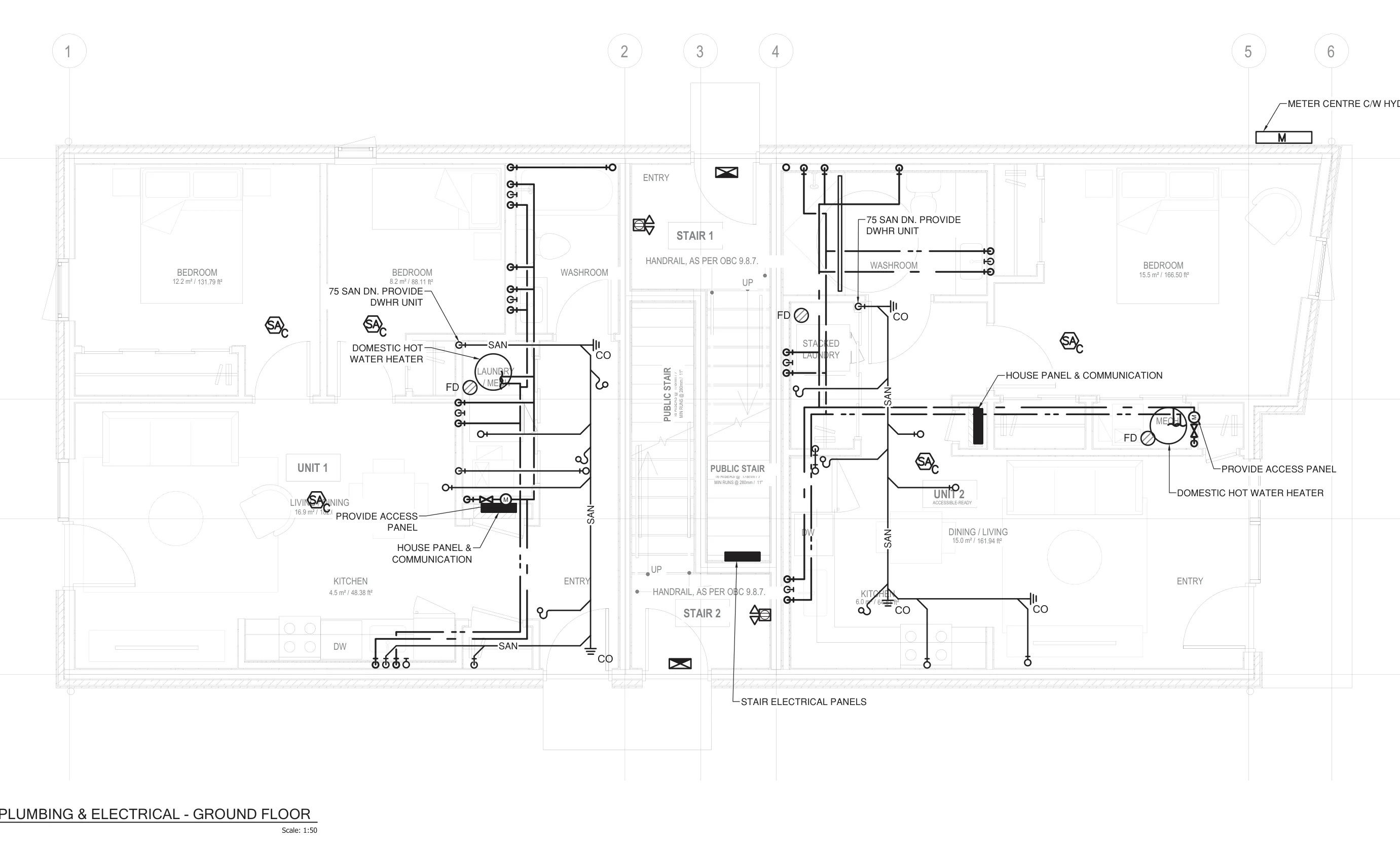 Sheet M100, ground floor plumbing and electrical plan of a published Ontario reference design, a six-unit building: units 1 and 2 either side of two public stairs, bedrooms tagged 12.2, 8.2 and 15.5 square metres, the stair notes reading 16 risers at 178 mm with minimum runs of 280 mm, and 'handrail, as per OBC 9.8.7'.