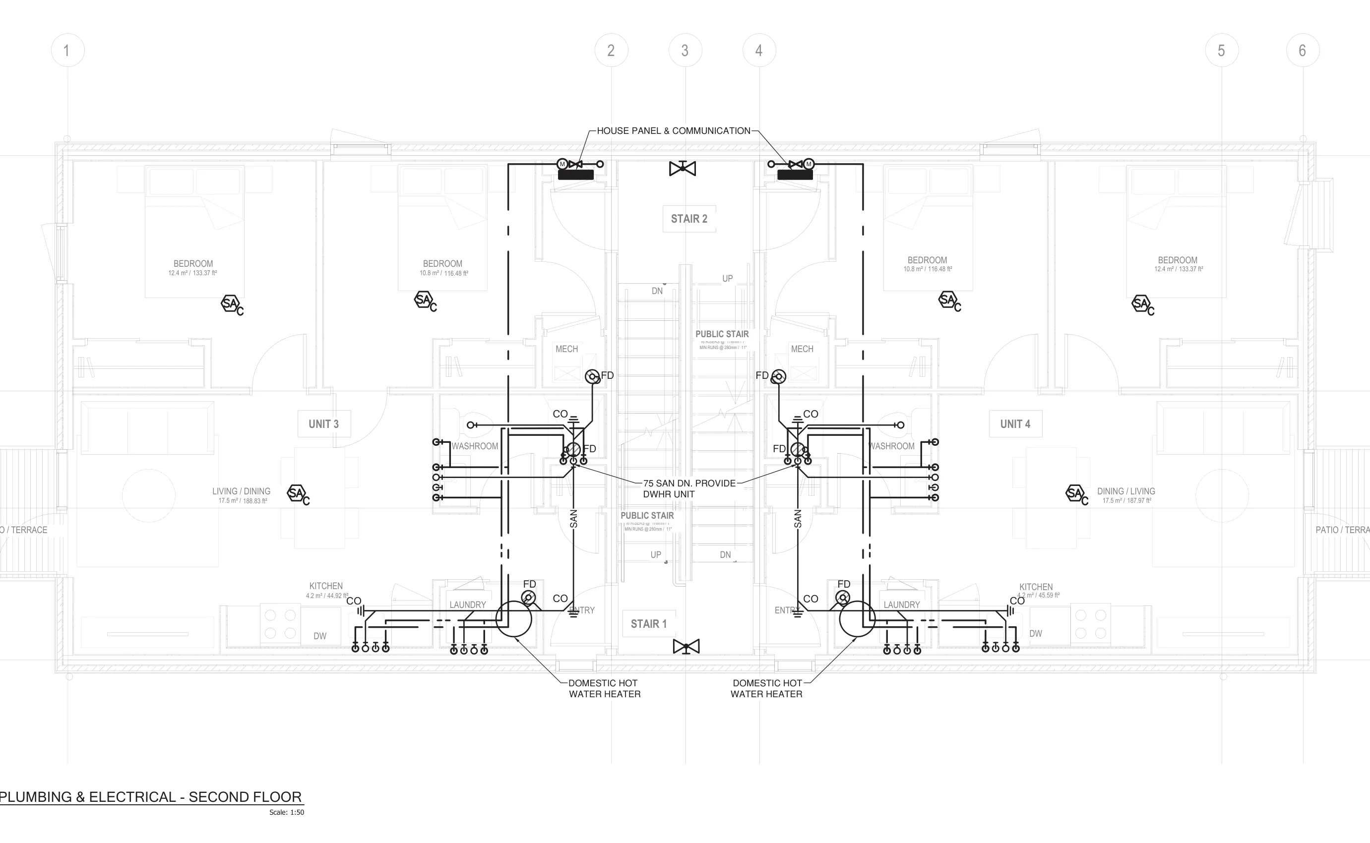 Sheet M100, second floor plumbing and electrical plan: units 3 and 4, bedrooms tagged 12.4 and 10.8 square metres and living / dining rooms of 17.5 square metres.